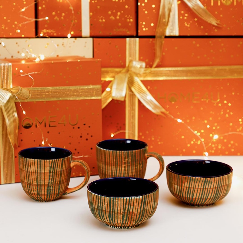 Bamboo Texture Ceramic Mugs And Bowl Gift Set