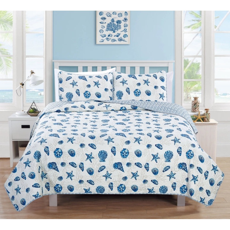Sale! Queen Coastal Blue Quilt Set Bali Collection 3PC – Lightweight Microfiber