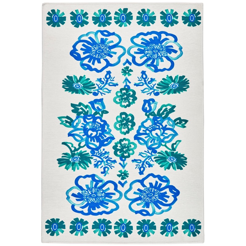 Graphic Gerbera Machine Washable Rug | Teal