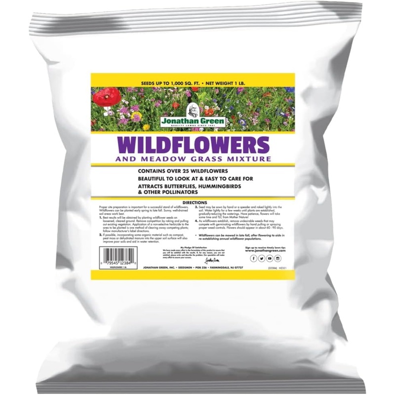 Jonathan Green Wildflower & Meadow Grass Mix  Vibrant Wildflower Seeds, Reseeding Perennials, Low Maintenance, 1 lb (Covers 1,000 Sq Ft)