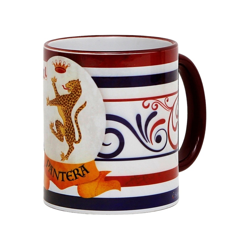 SUBLIMART: Palio di Siena Porcelain printed mug –  Brown Handle & Rim – Design by Mario Bruno – PANTERA (Panther)