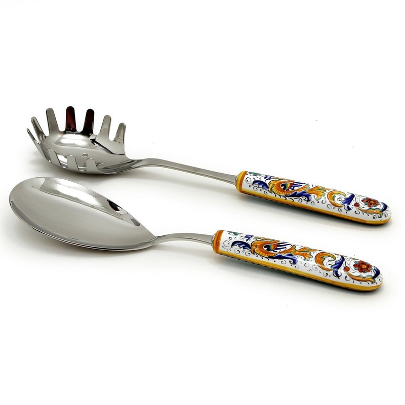 RAFFAELLESCO DELUXE: Ceramic Handle Spaghetti Tong and Risotto Spoon Ladle SET with 18/10 stainless steel cutlery.