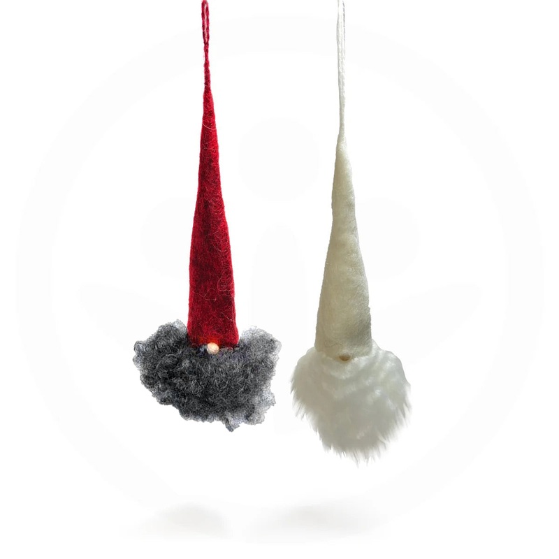 Swedish Tomte with Wool Beard Ornament Set – Red & White Caps