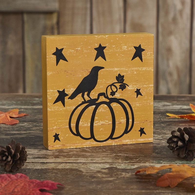 Prim Stars Pumpkin Raven Mustard Base MDF Sign 5×5