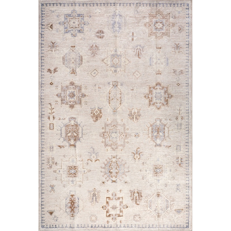 Brenda Hazy Heraldry Spill Proof Washable Rug | Beige