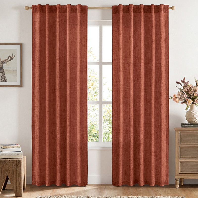 MIULEE Faux Linen Curtains 84 Inch Length 2 Panels Natural Burnt Orange Semi Sheer Curtain with Back Tab Rod Pocket , Light Filtering Window Privacy Burlap Drapes for Living Room Bedroom 42W x 84L
