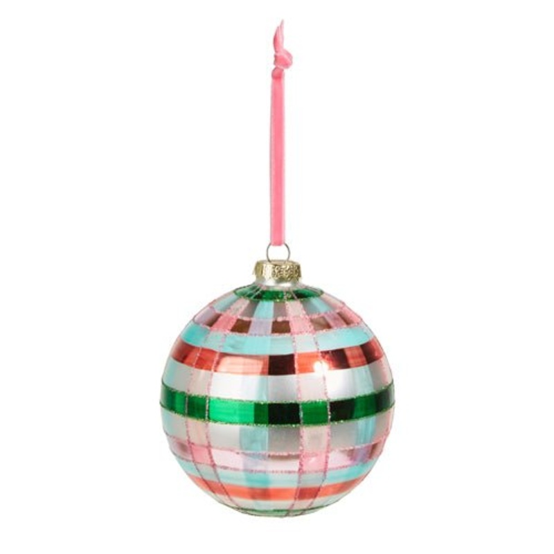Pink and Green Plaid Ball Ornament 5″