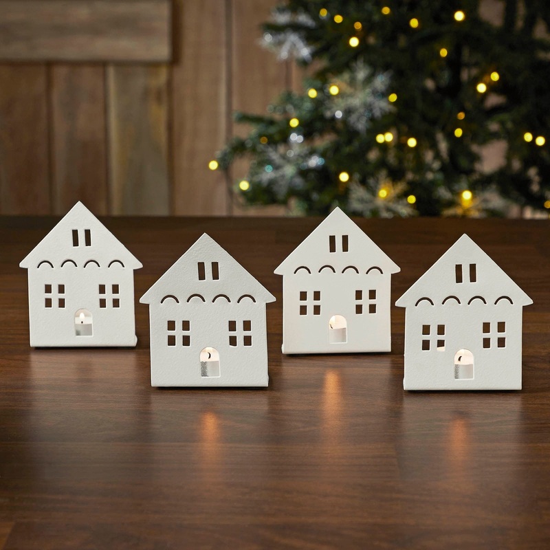 Tealight Holder House Antique White Set of 4 4.5×3.75×2.25