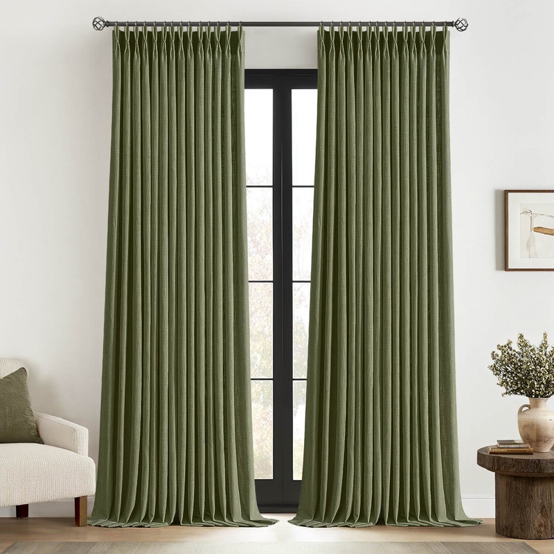 MIULEE Olive Green Pinch Pleated Linen Curtains 102 Inches Long 2 Panels for Living Room Bedroom, Thick Texture Linen Drapes Pleat Back Tab Semi Sheer Moss Green Window Curtains with Hooks&Rings