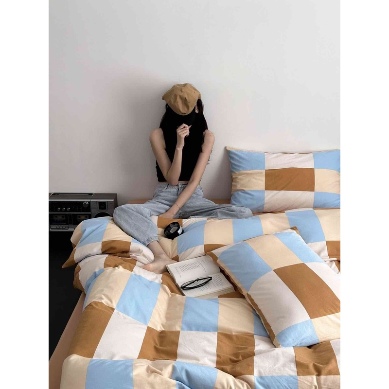 Dopamine Checker Queen Duvet Cover Set With Pillowcases & Fitted Sheet