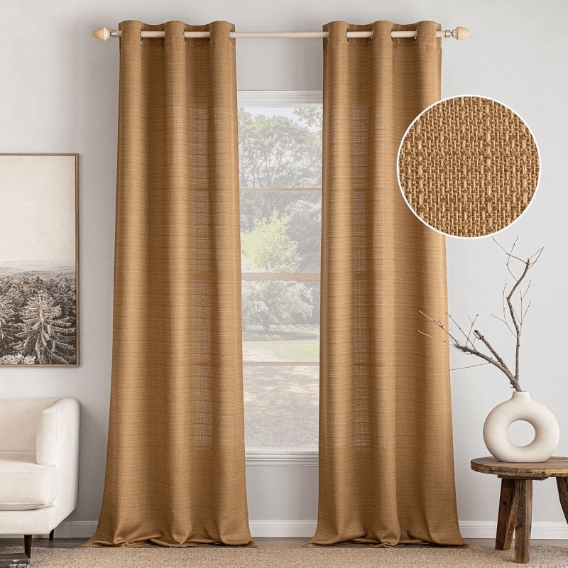 MIULEE Natural Brown Faux Linen Textured Curtains 84 Inch Length 2 Panels Set for Living Room Bedroom Casual Weave Farmhouse Burlap Taupe Semi Sheer Grommet Light Filtering Window Drapes, W37 x L84