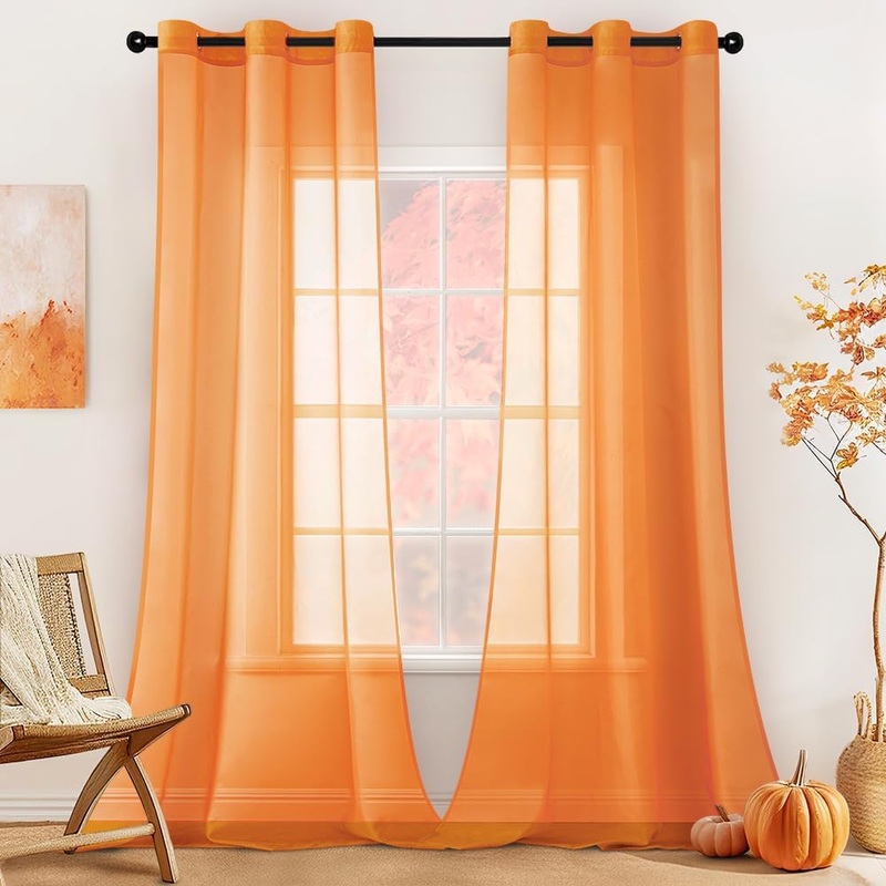 MIULEE Solid Color Sheer Curtains 96 Inches Long 2 Panels Set – Fall Elegant Lightweight Grommet Light Filtering Window Voile Panels/Drapes/Treatment for Bedroom Living Room W42 x L96 Inch, Orange