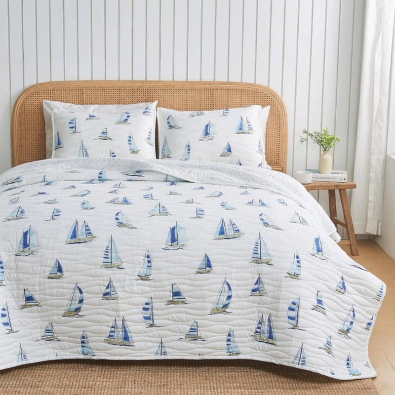 Coastal Blue Watercolor Sailboat Quilt Set 3PC – Lightweight Microfiber