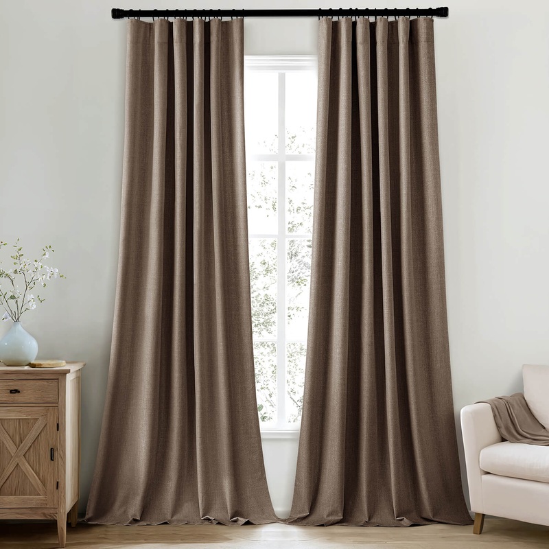 MIULEE 100% Blackout Curtains 120 Inch Long 2 Panels Set for Bedroom, Thick Faux Linen Black Out Curtain Room Darkening Back Tab Pleat Window Textured Drapes with Hooks for Living Room, Dutch Cocoa