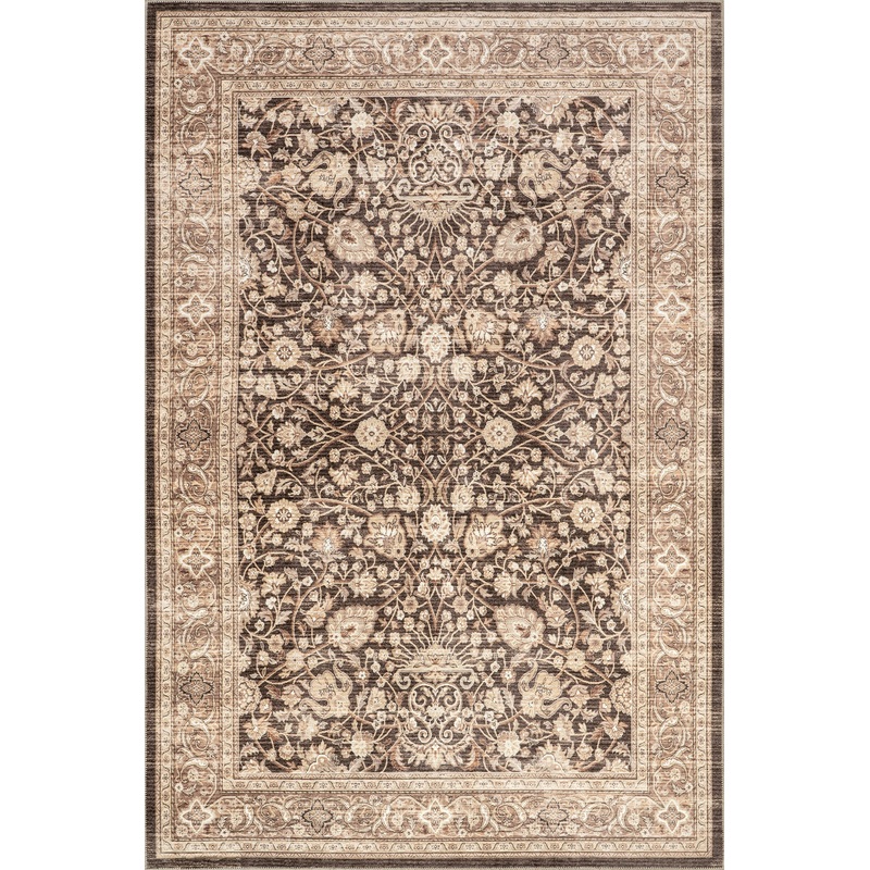 Madge Floral Spill Proof Washable Rug | Dark Brown
