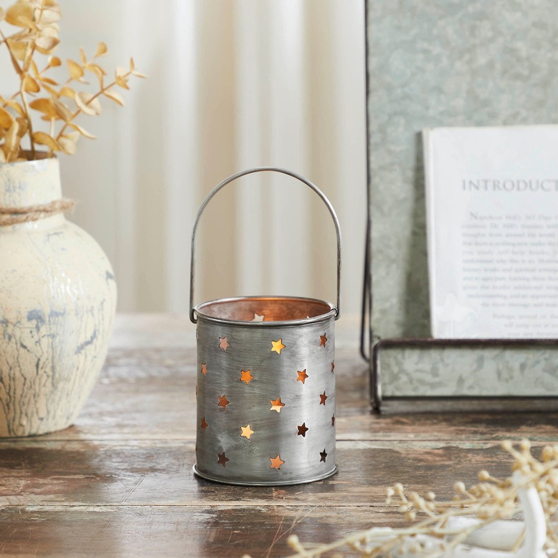 Votive Candle Holder w/ Punched Stars Black Zinc Iron 3.75×3.25×3.25