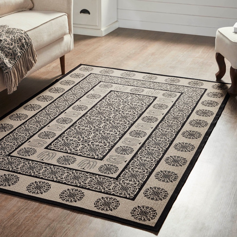Custom House Black Tan Jacquard Indoor/Outdoor Rug Rect 48×72