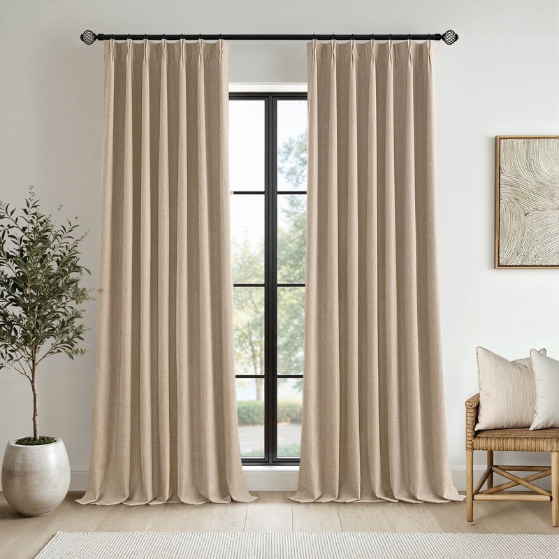 MIULEE Taupe Pinch Pleated 100% Blackout Linen Curtains 102 Inch Length 2 Panels Set, Pleat Curtains with Pin Hooks, Black Out Light Blocking Room Darkening Drapes for Bedroom Living Room Window