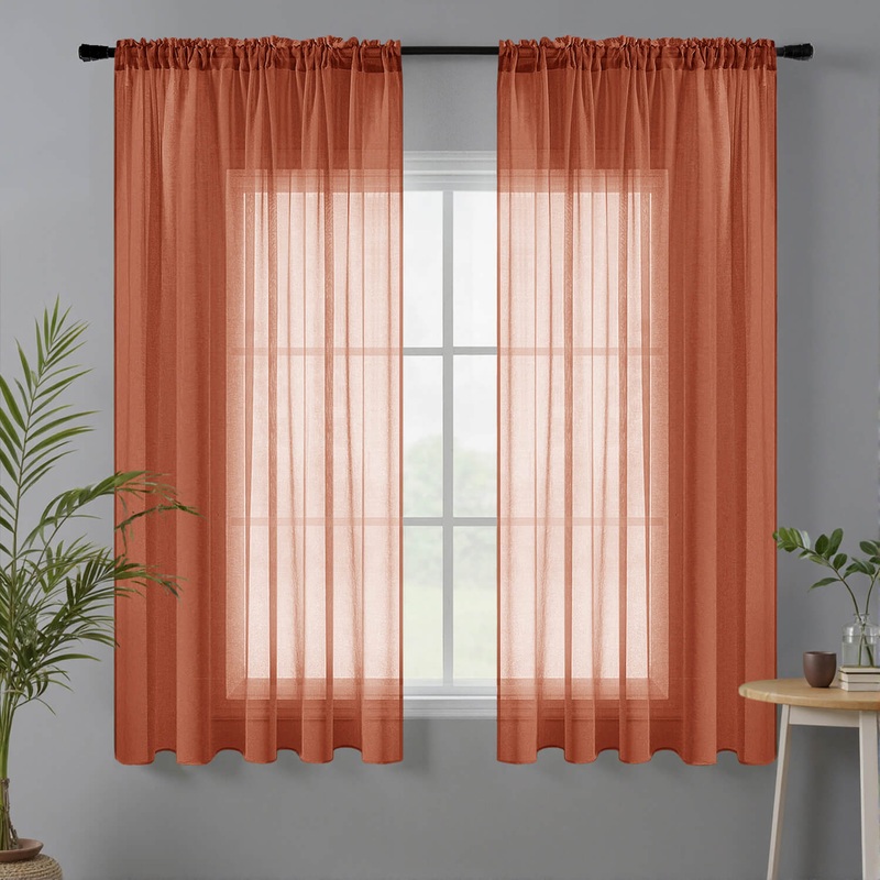 MIULEE Terracotta Sheer Curtains Linen Textured 84 Inches Long 2 Panels for Bedroom Kitchen, Semi Transparent Farmhouse Rod Pocket Light Filtering Voile Window Drapes, W 42 x L 45 inch Length