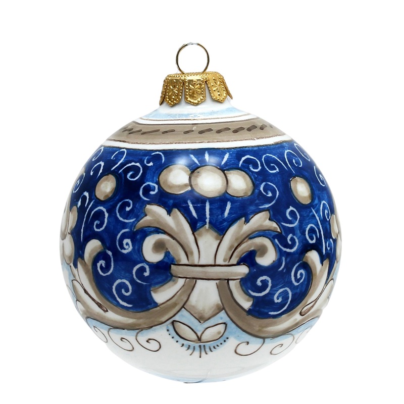 CHRISTMAS ORNAMENT: Deruta Vario Deluxe Round Ball  (3.25″ ) – BLUE ANTICO