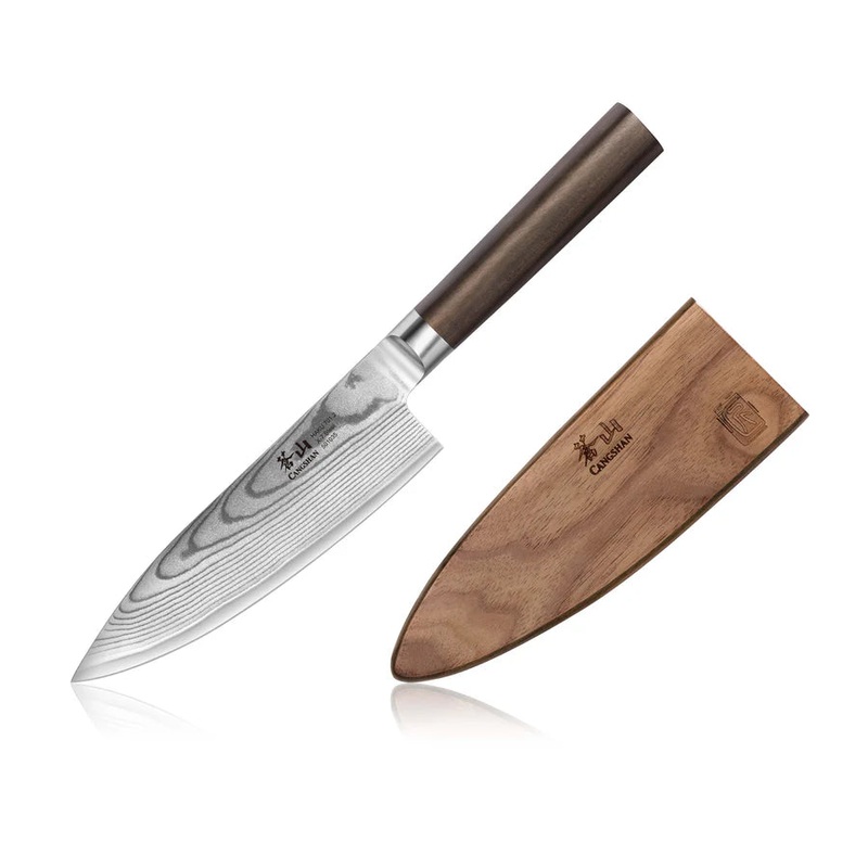 Cansghan HAKU Series 6-Inch Chef’s Knife with Sheath, Forged X-7 Damascus Steel, 501035