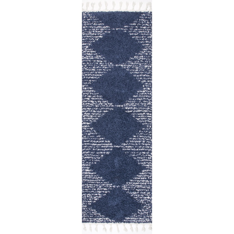 Moroccan Diamond Pinstripes Tassel Rug | Blue