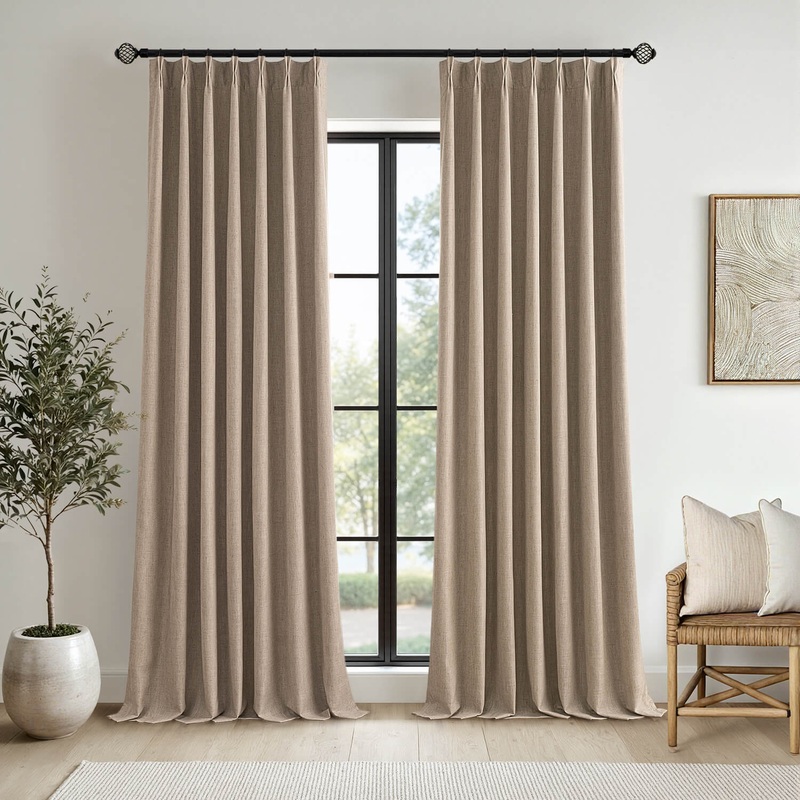 MIULEE Copper Brown Pinch Pleated 100% Blackout Linen Curtains 96 Inch Length 2 Panels Set, Pleat Curtains with Pin Hooks, Black Out Light Blocking Room Darkening Drapes for Bedroom Living Room Window