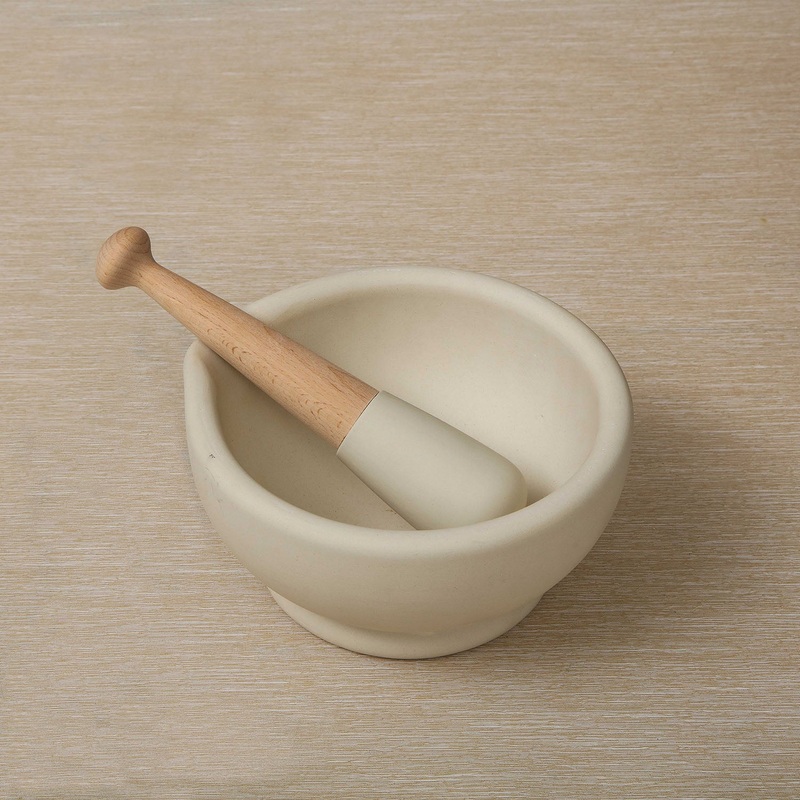 Beech and unglazed porcelain 12.5″ mortar & pestle, England
