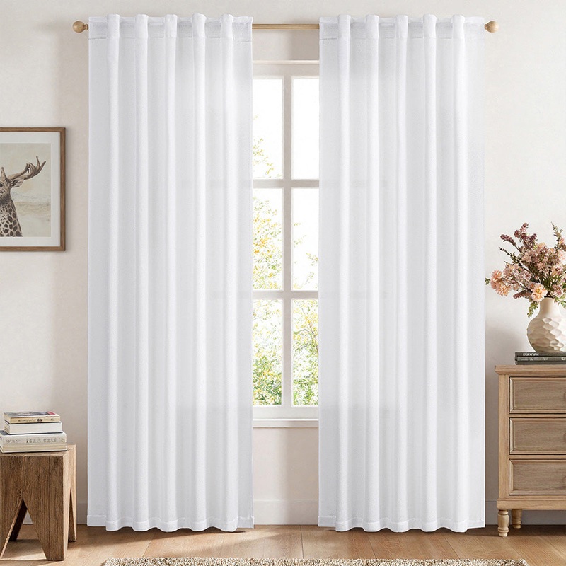 MIULEE Faux Linen Curtains 90 Inch Length 2 Panels Natural White Semi Sheer Curtain with Back Tab Rod Pocket , Light Filtering Window Privacy Burlap Drapes for Living Room Bedroom 42W x 90L