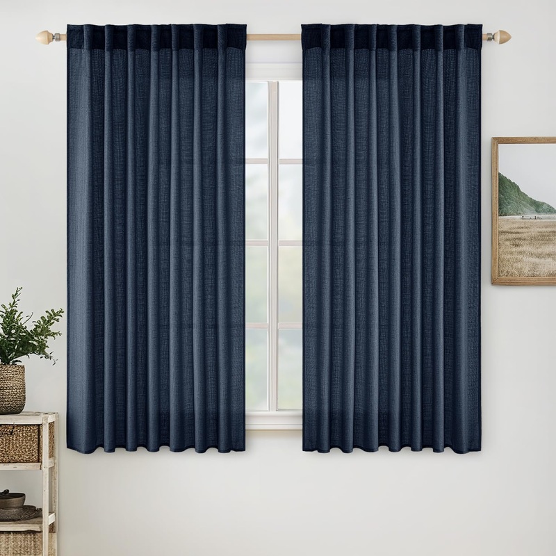 MIULEE Navy Blue Linen Curtains 54 Inch Length 2 Panels for Bedroom Living Room, Soft Thick Linen Textured Natural Window Drapes Semi Sheer Light Filtering Back Tab Rod Pocket Burlap Look Decor