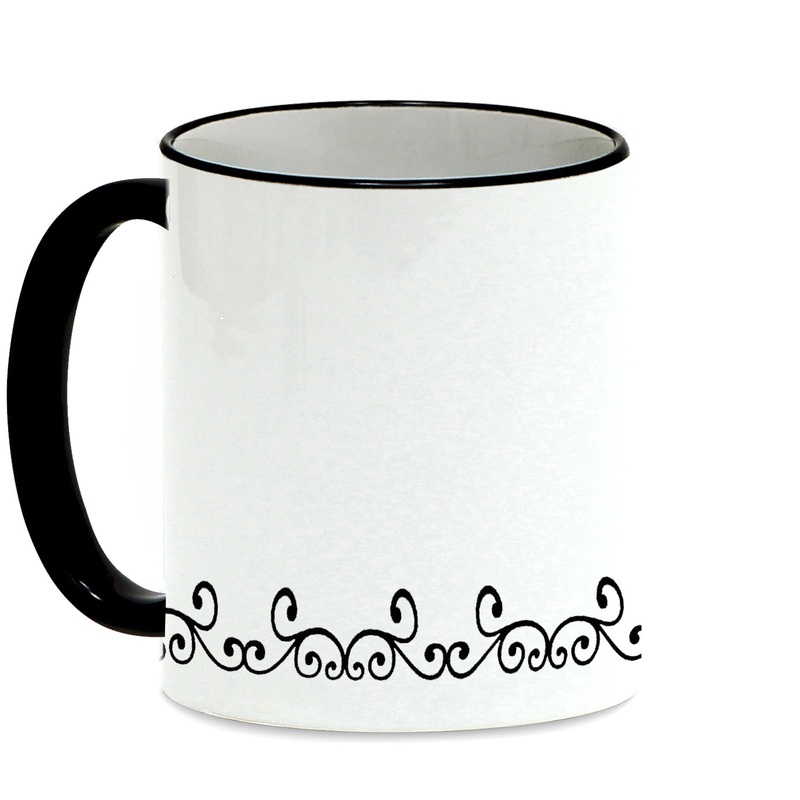 SUBLIMART: Lineart – Mug with black handle and rim featuring hand drawn line drawings. (Design #25)