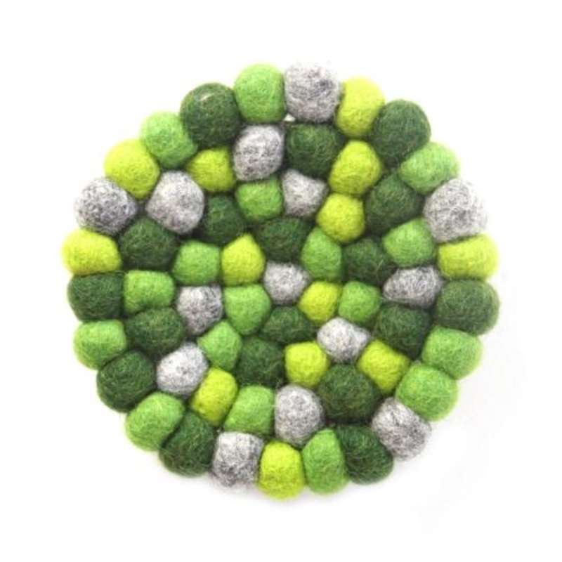 Hand Crafted Felt Ball Trivets from Nepal: Round Chakra, Greens – Global Groove (T)