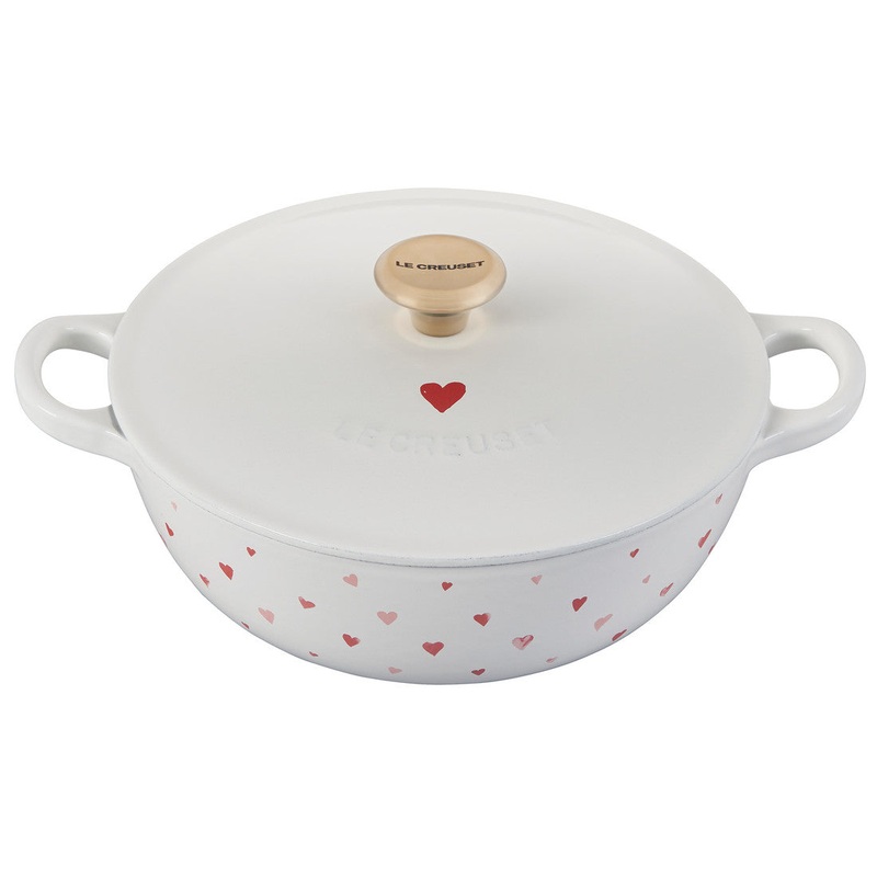 Le Creuset L’ Amour Collection: Soup Pot, White w/ Heart Applique and Light Gold Knob