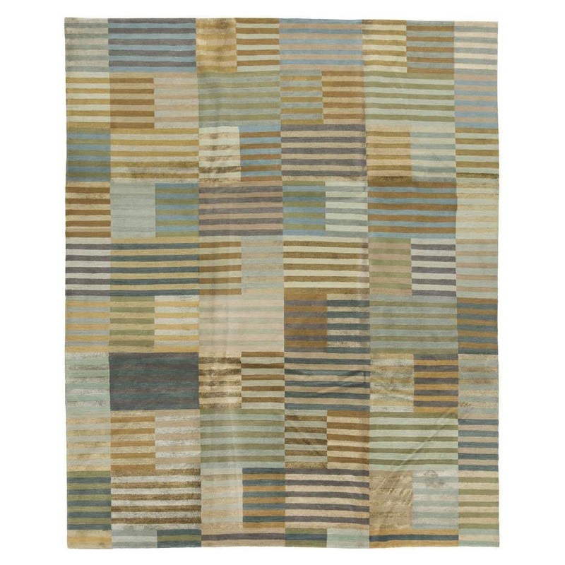 TUFENKIAN HAND KNOTTED TIBETAN RUG, SHAKTI, BLUE AND BROWN STRIPED