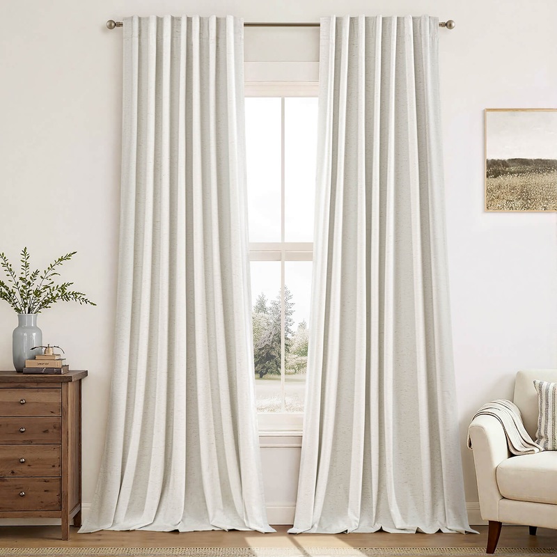 MIULEE Linen 100% Blackout Curtains 105 Inch Long 2 Panels, Back Tab Pinch Pleated Hook Belt Clip Rings Thermal Insulated Drapes for Bedroom Living Room Ivory Natural Black Out Window Curtains