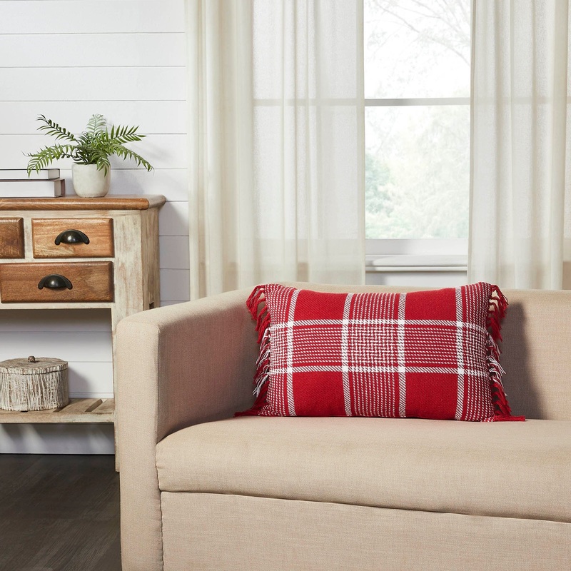 Eston Red White Plaid Pillow Fringed 14×22