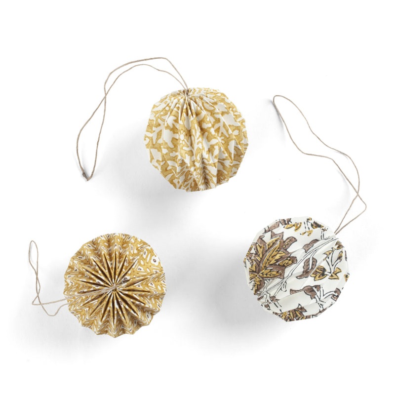 Hand block printed Origami Baubles – Ochre & Grey Set of 3