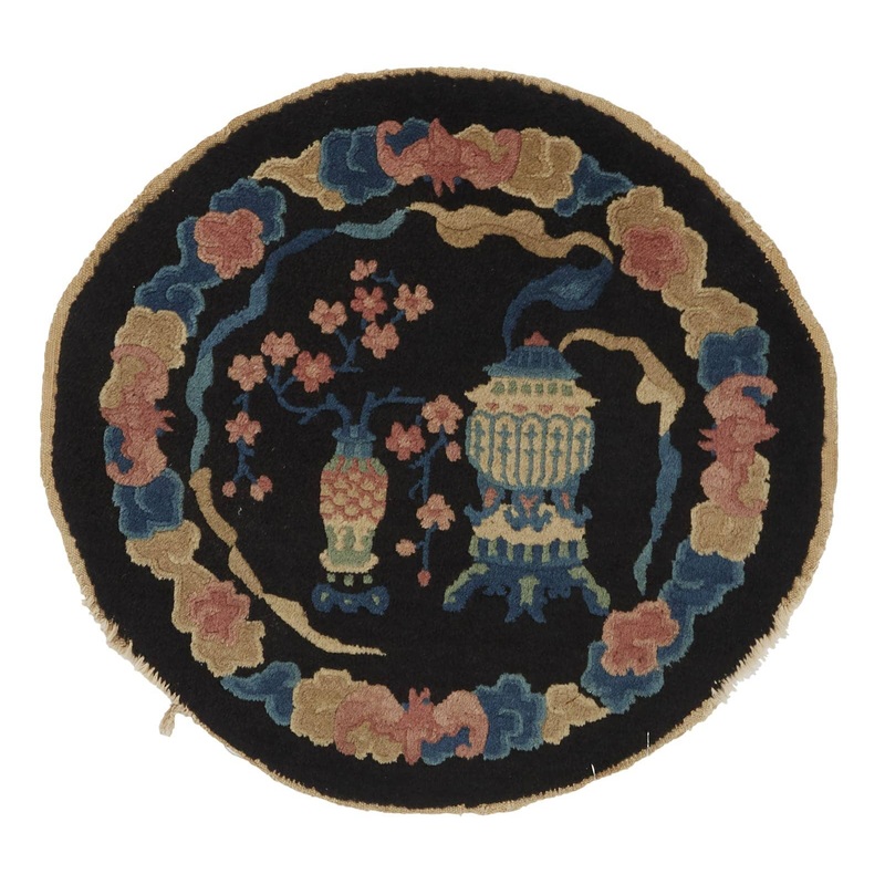 ANTIQUE CHINESE PEKING BLACK BLUE ROUND 2′ RUG