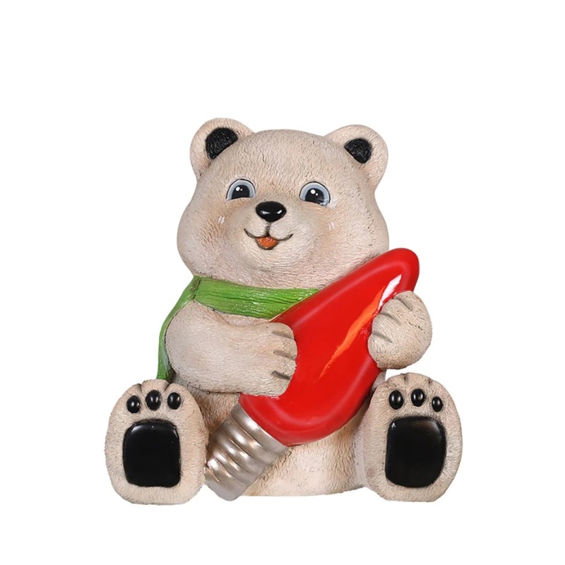 Garden Elements Fiberglass Christmas Figurine Statue Yard Decor, Baby Polar Bear Holding Red Light Bulb, 24″
