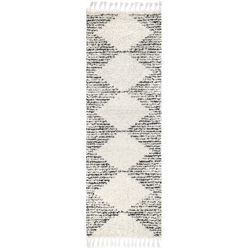 Moroccan Diamond Pinstripes Tassel Rug | Off White