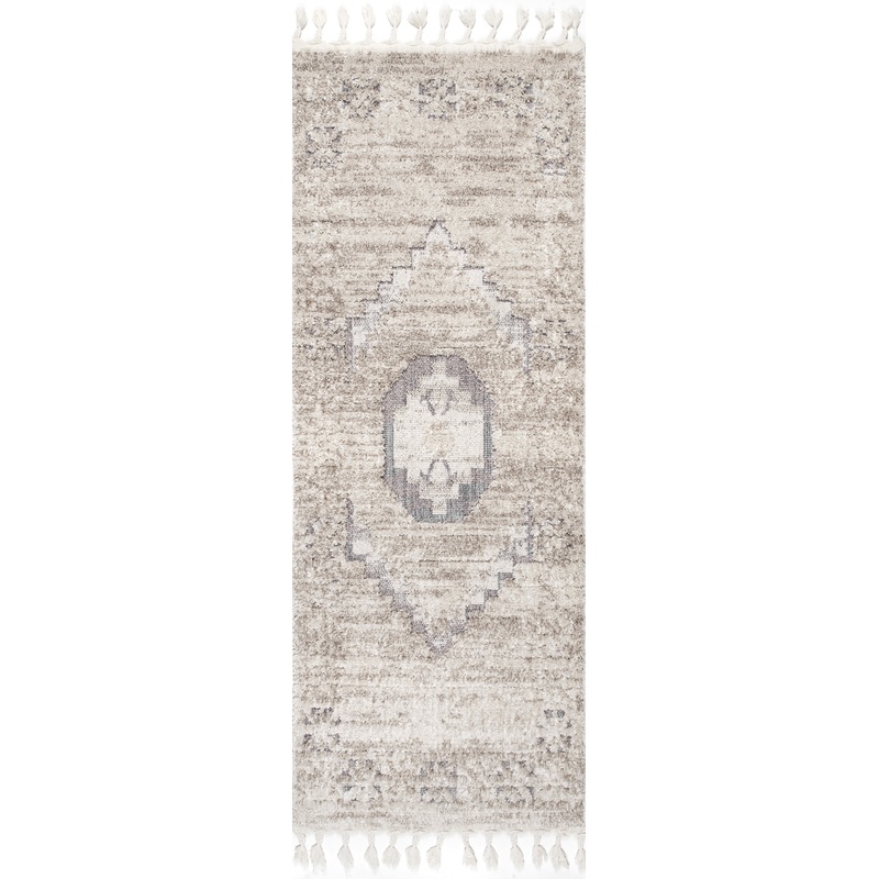 Shaggy Barbed Medallion Tassel Rug | Beige