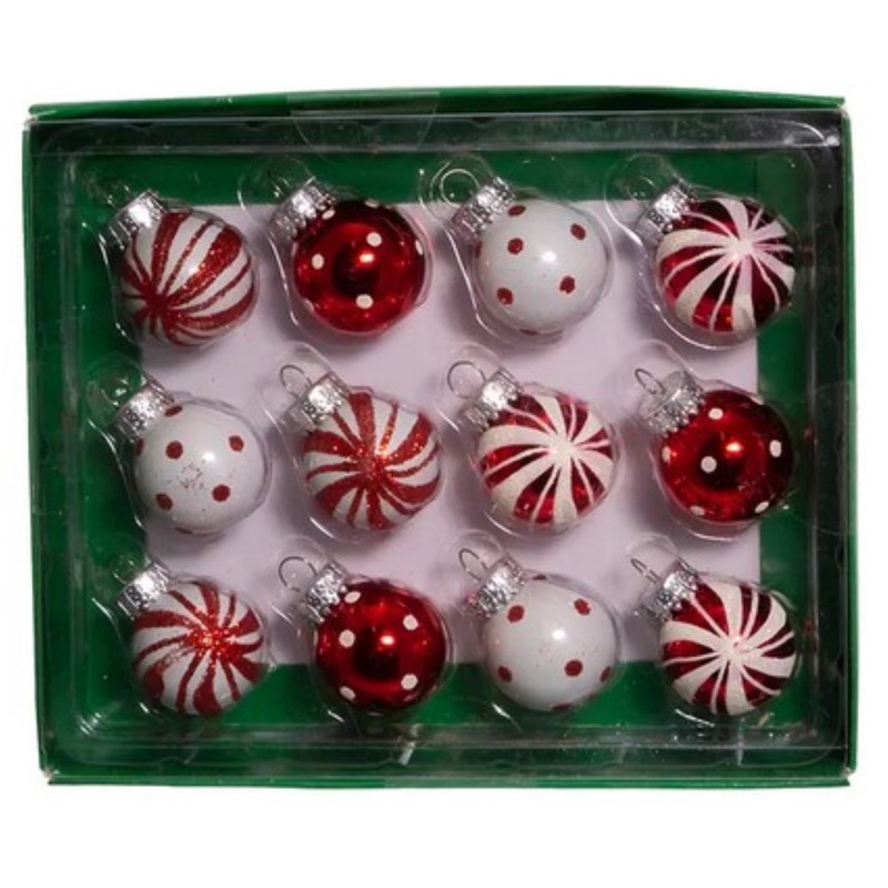 Kurt Adler Miniature Glass Ball Ornament Set, Red and White, 1″ (12-Count)