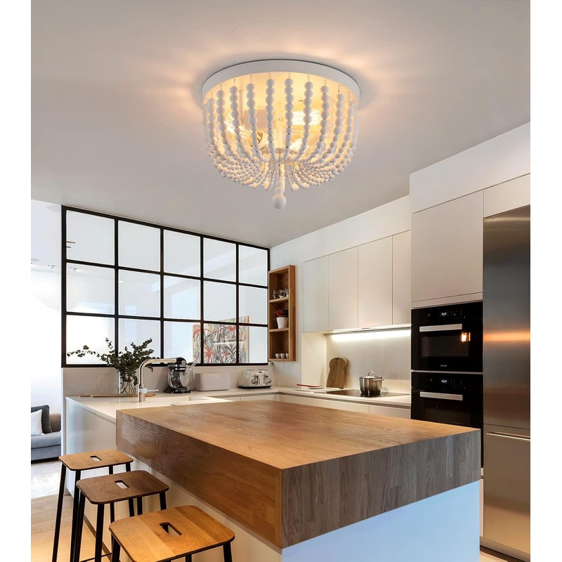 White Boho Beaded Flush Mount Ceiling Light