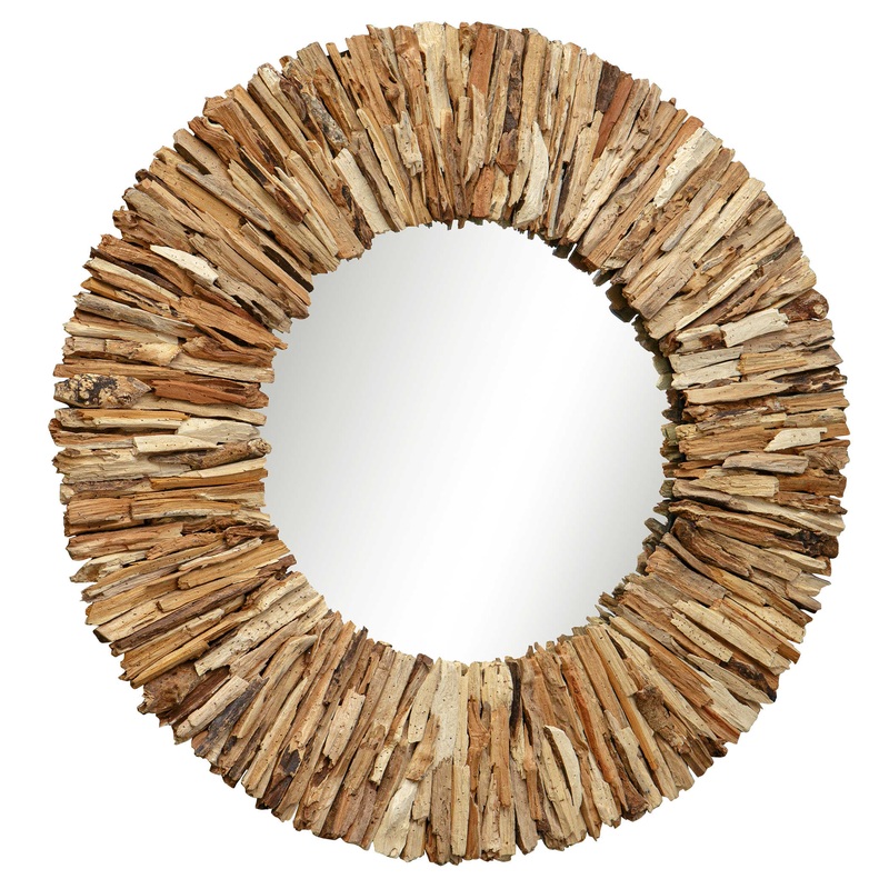 Teak Branch Round Mirror, Bleached