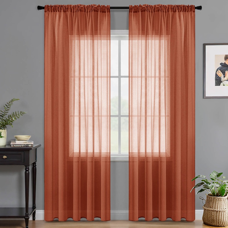 MIULEE Terracotta Sheer Curtains Linen Textured 84 Inches Long 2 Panels for Bedroom Living Room, Semi Transparent Farmhouse Rod Pocket Light Filtering Voile Window Drapes, W 42 x L 84 inch Length