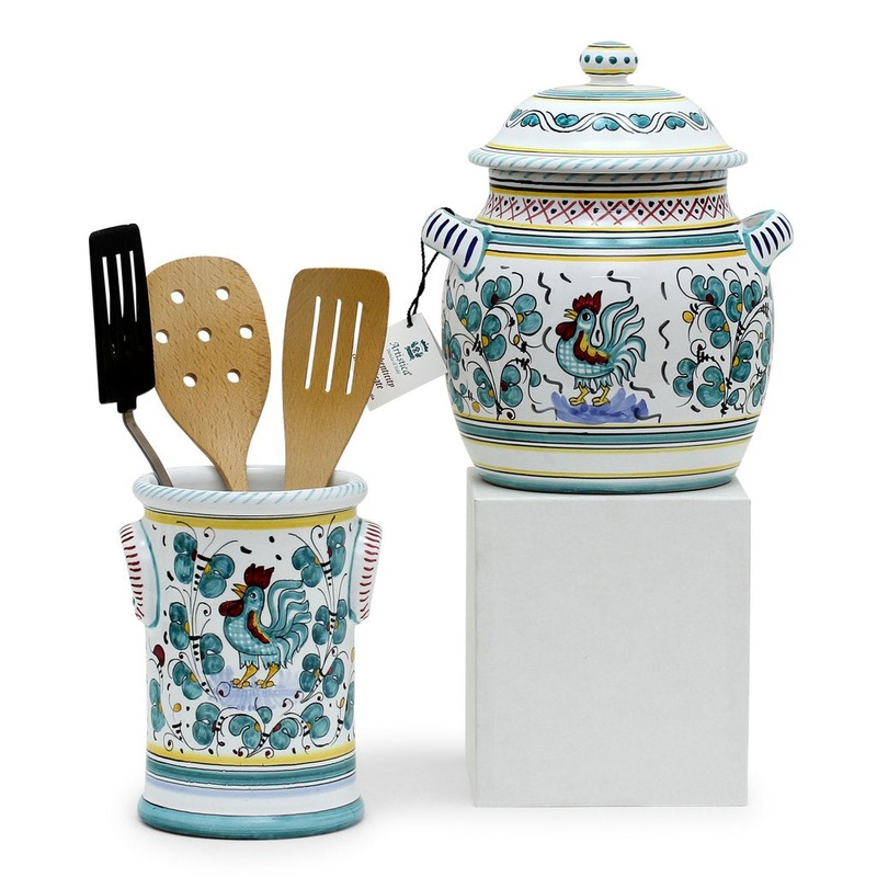 ORVIETO GREEN ROOSTER: Bundle with Utensil Holder + Biscotti Jar