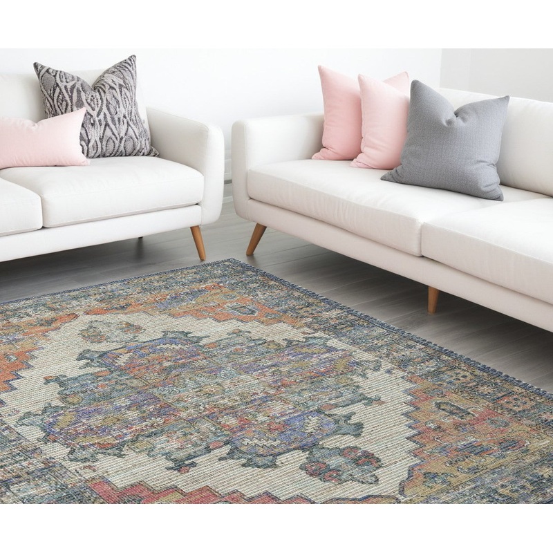 Blue and Ivory Medallion Hand Woven Distressed Area Rug