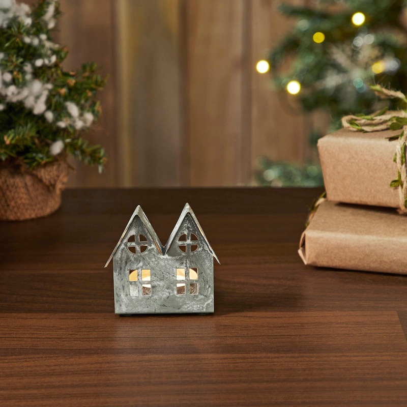 Tealight Holder Metal Village House H Antique Grey 7.25×5.5×4.75