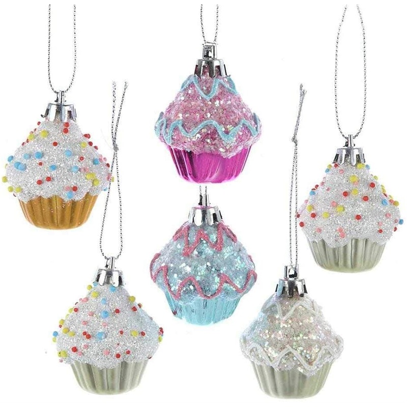 Kurt Adler Cupcake Plastic Hanging Christmas Ornaments, 2″ (Set of 6)