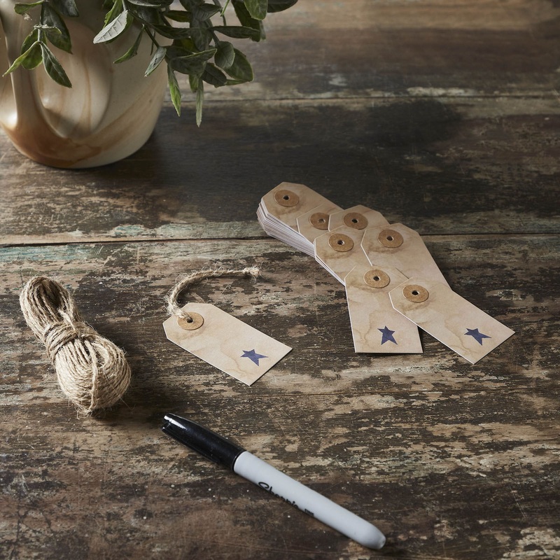 Primitive Star Tea Stained Paper Tag Navy 2.75×1.5 w/ Twine Set of 50